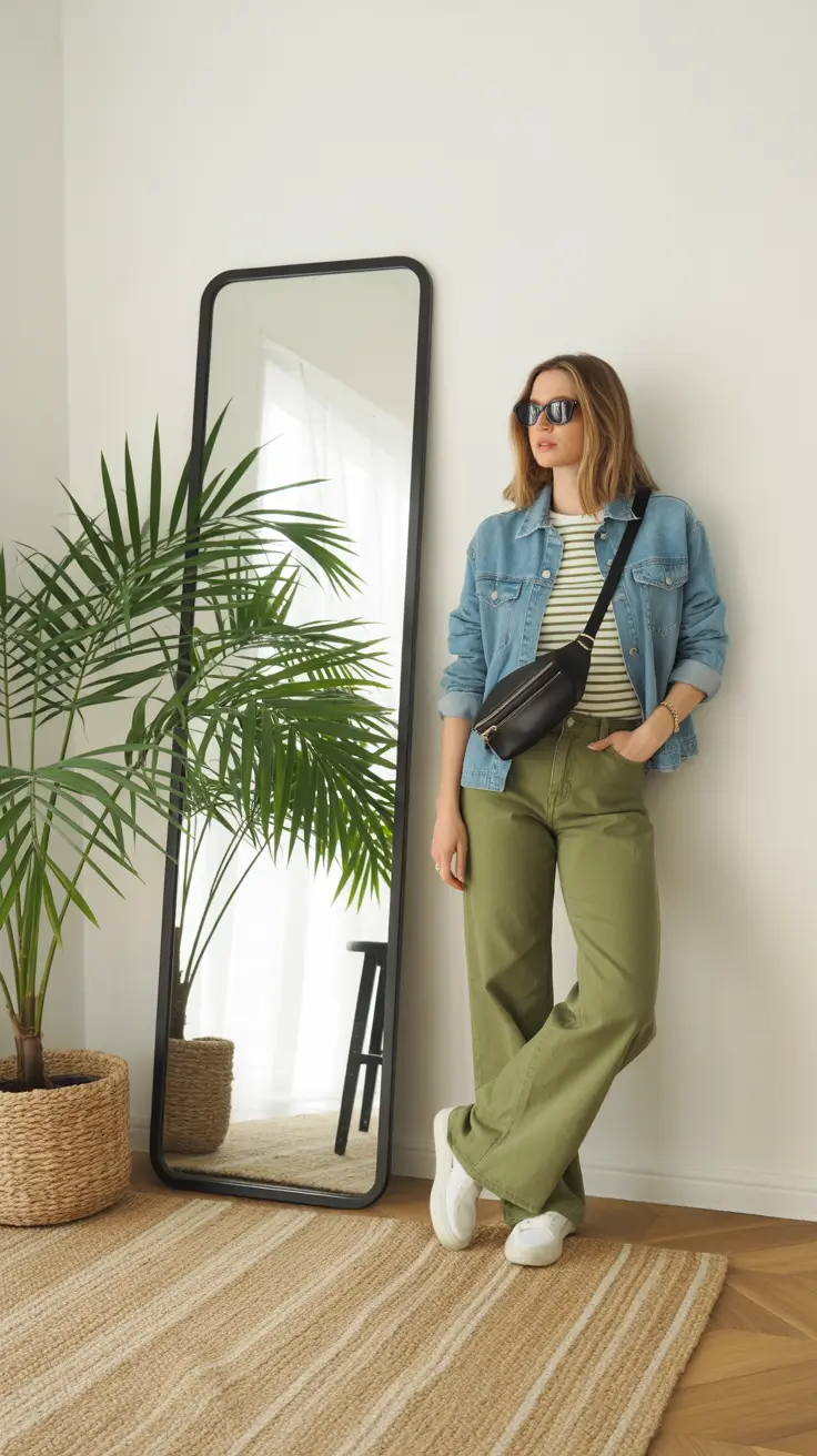 Stylish mom outfits 2026 - Striped Tee, Denim Jacket, Olive Wide-Legs