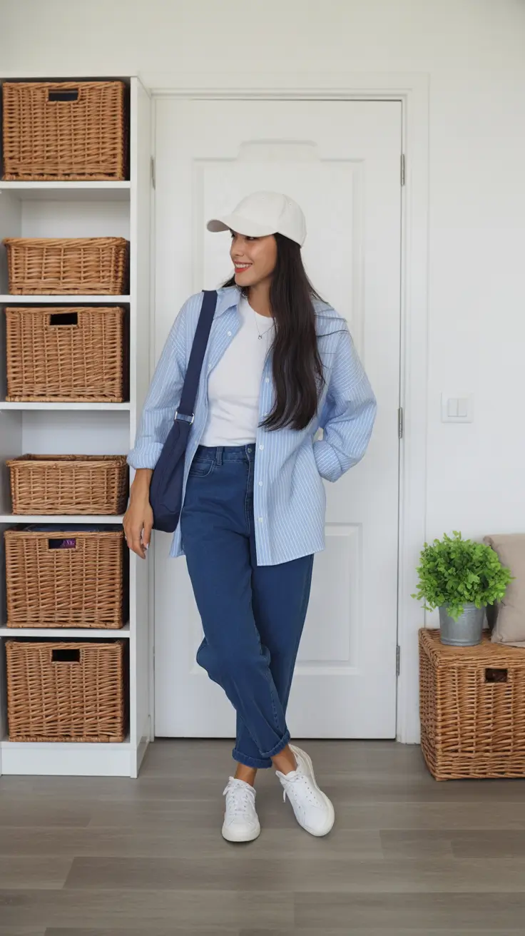 Stylish mom outfits 2026 - Baseball cap and stripes - crisp errands uniform