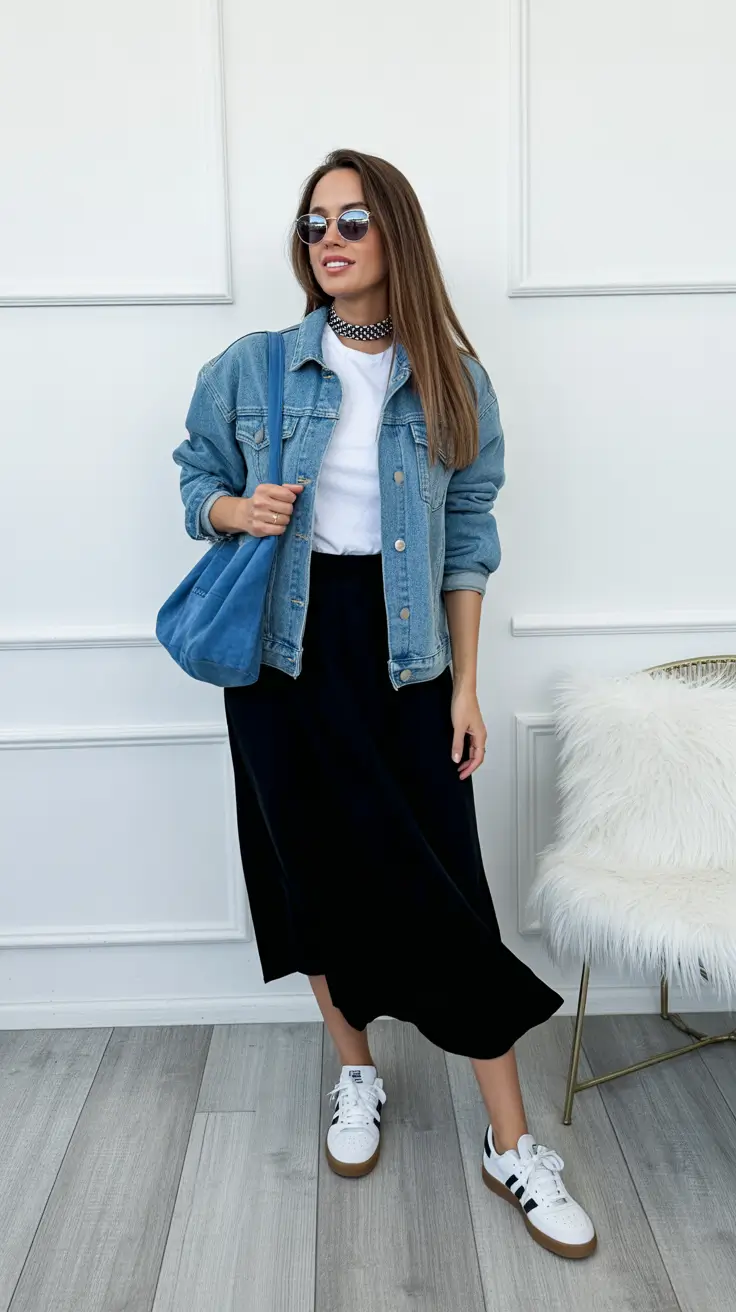 Stylish mom outfits 2026 - Denim jacket with soft midi skirt - sporty meets feminine