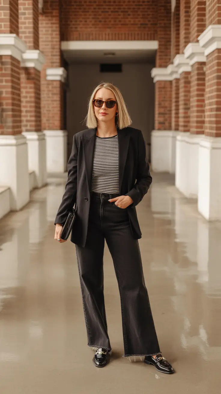 Stylish mom outfits 2026 - Black blazer and stripes - pulled together in minutes