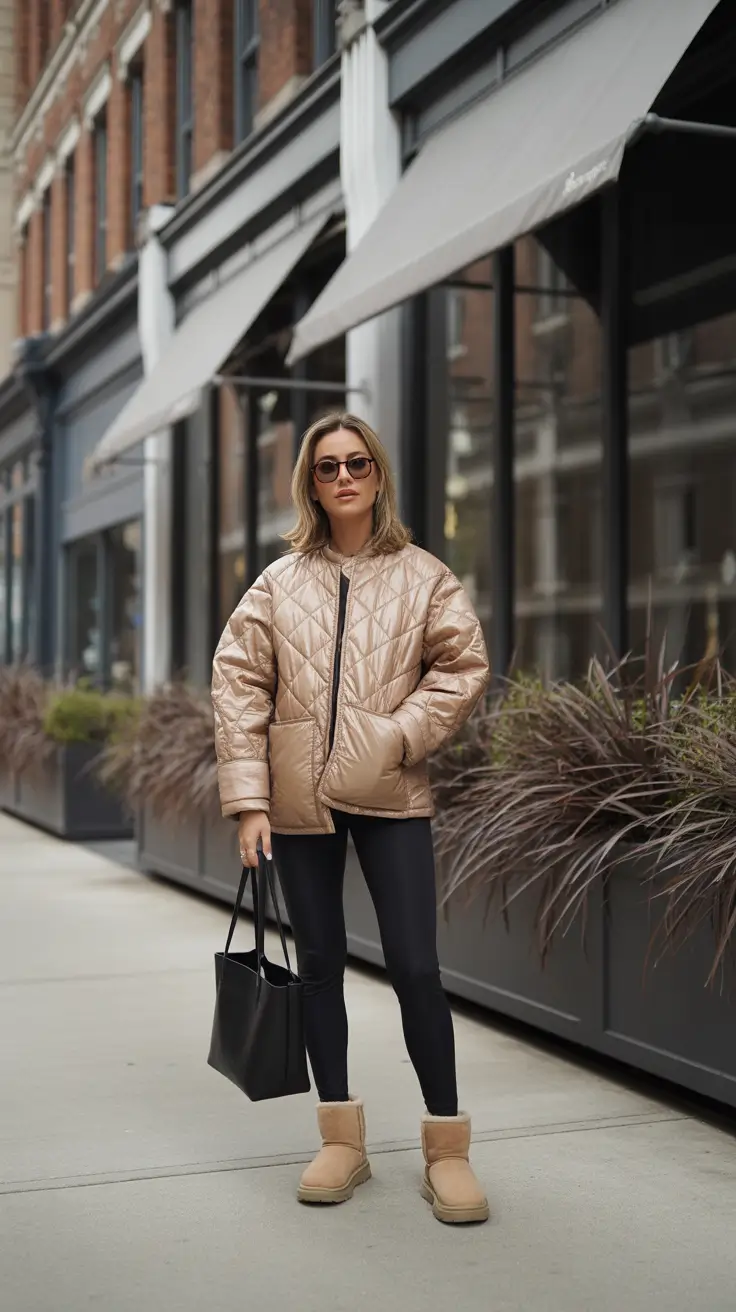 Stylish mom outfits 2026 - Quilted jacket, leggings, and cozy boots - school run armor