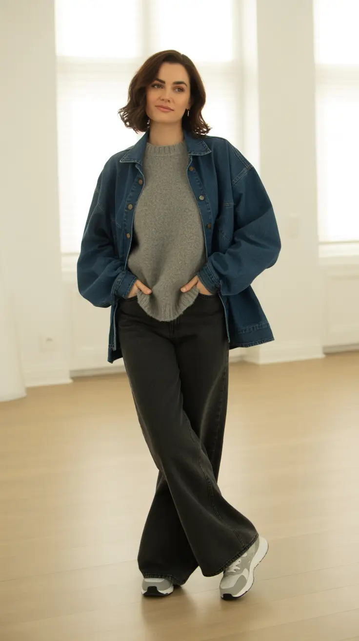 Stylish mom outfits 2026 - Oversized Denim Shirt, Grey Knit, Wide-Leg Black Jeans