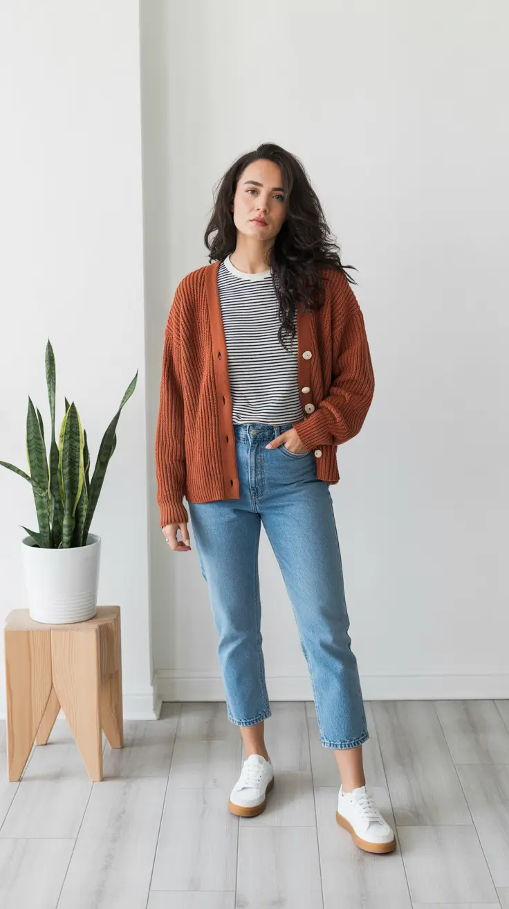 Stylish mom outfits 2026 - Striped tee with rust cardigan and cropped denim