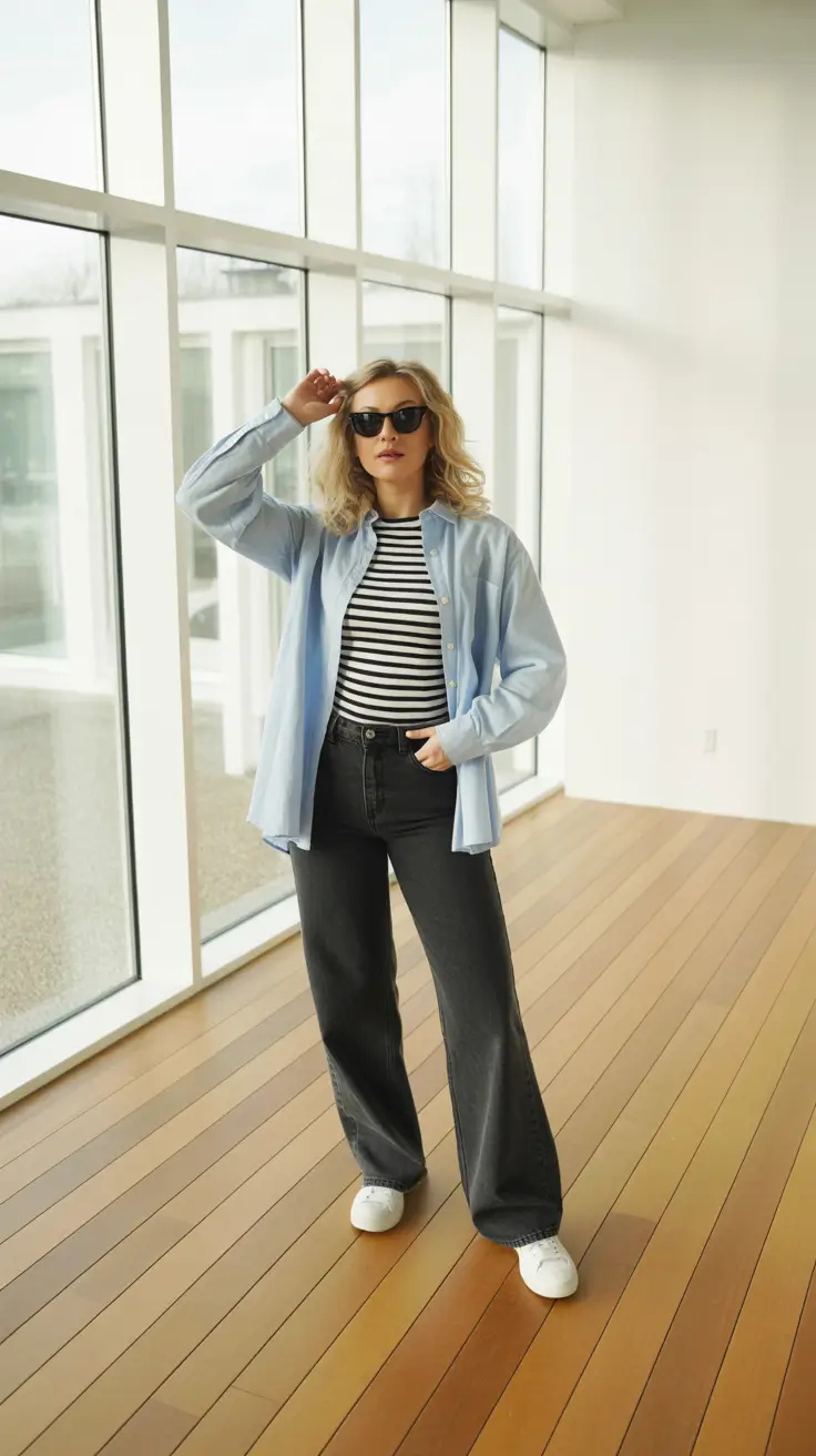 Stylish mom outfits 2026 - Breton Stripe With Sky-Blue Shirt and Black Wide Legs