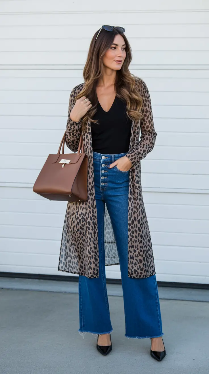 Stylish mom outfits 2026 - Leopard Duster, V-Neck Knit, Wide Jeans, Pointed Heels