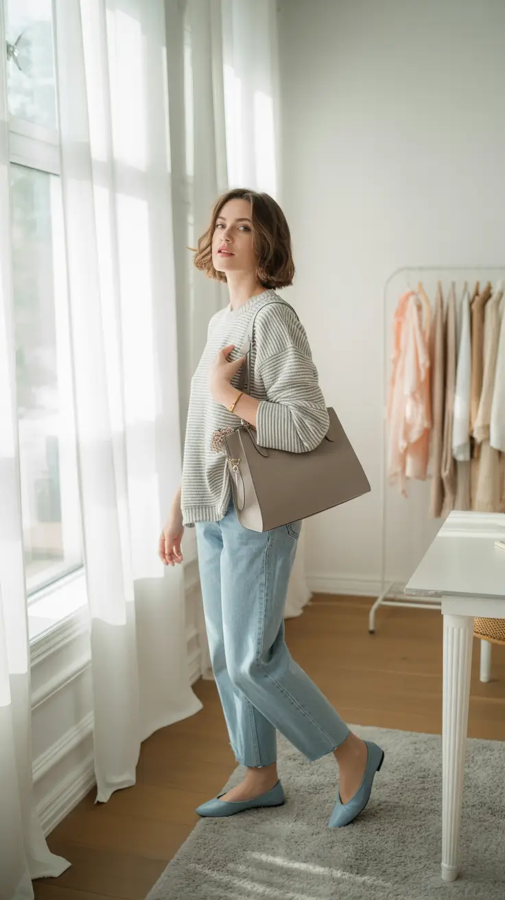 Stylish mom outfits 2026 - Soft grey knit with light denim and muted flats