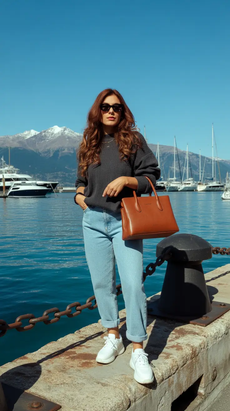 Stylish mom outfits 2026 - Harbor Knit, Light Denim, White Kicks