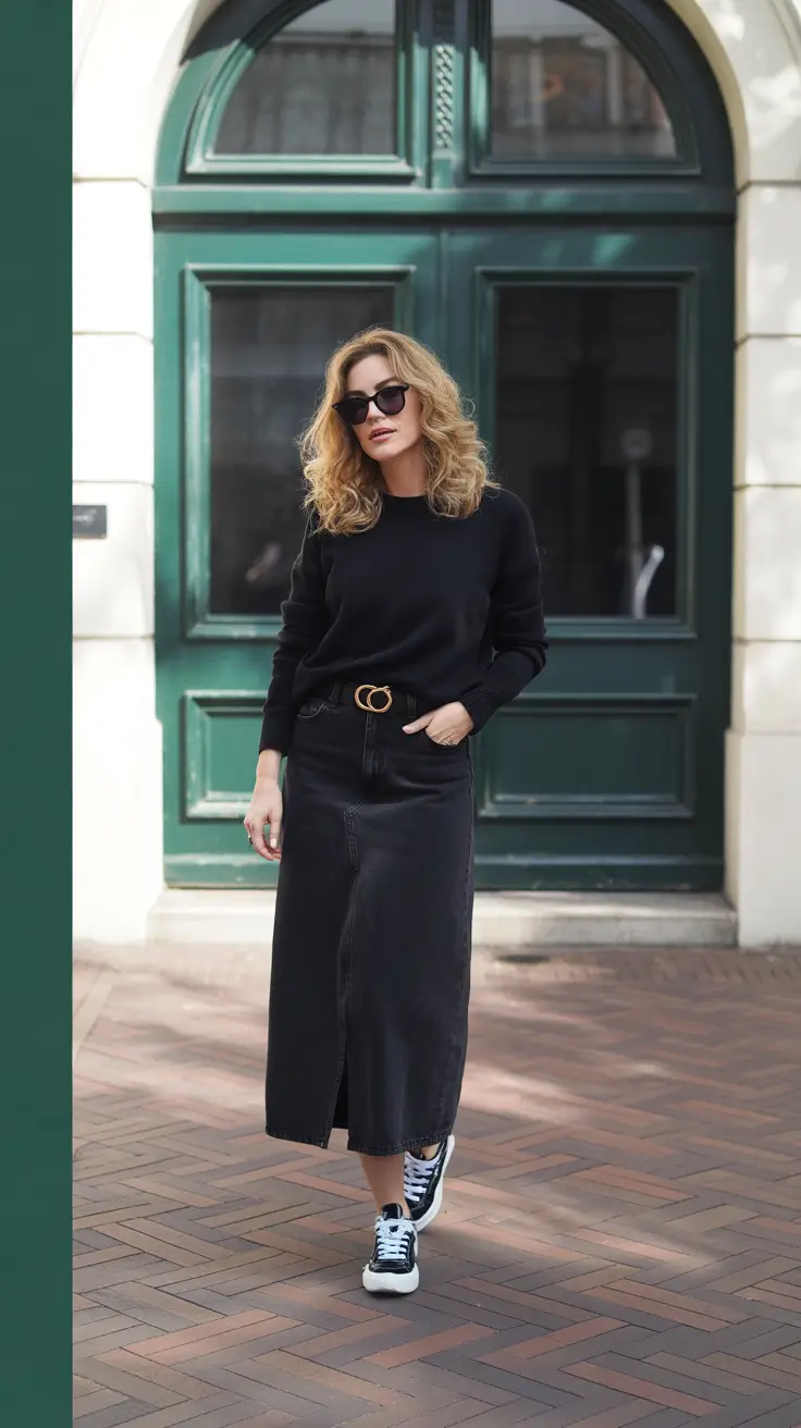 Stylish mom outfits 2026 - Monochrome Black With a Denim Midi