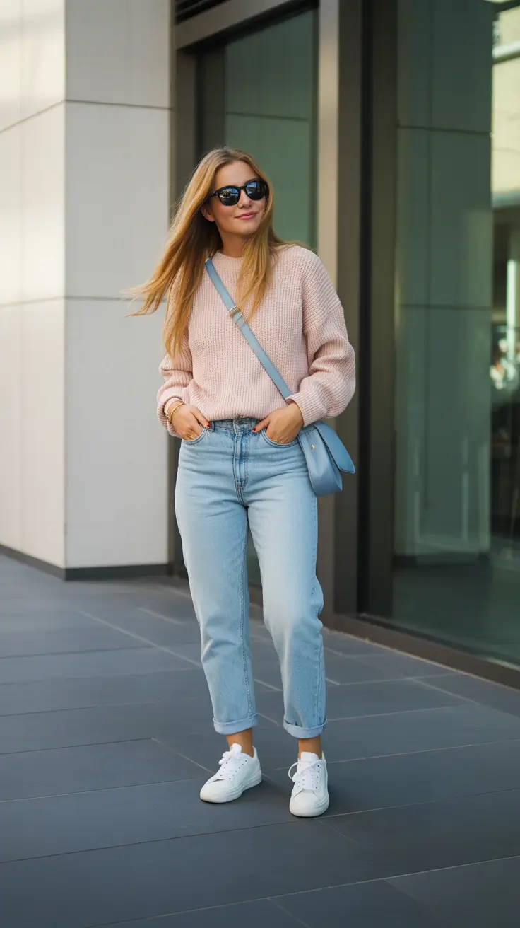 Stylish mom outfits 2026 - Soft Pastel Knit and Sky Denim