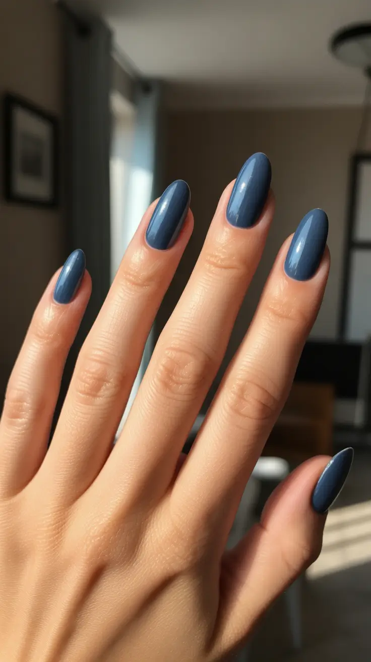 Trending Nail Colors 2026 Stormy Steel Blue Almond Nails