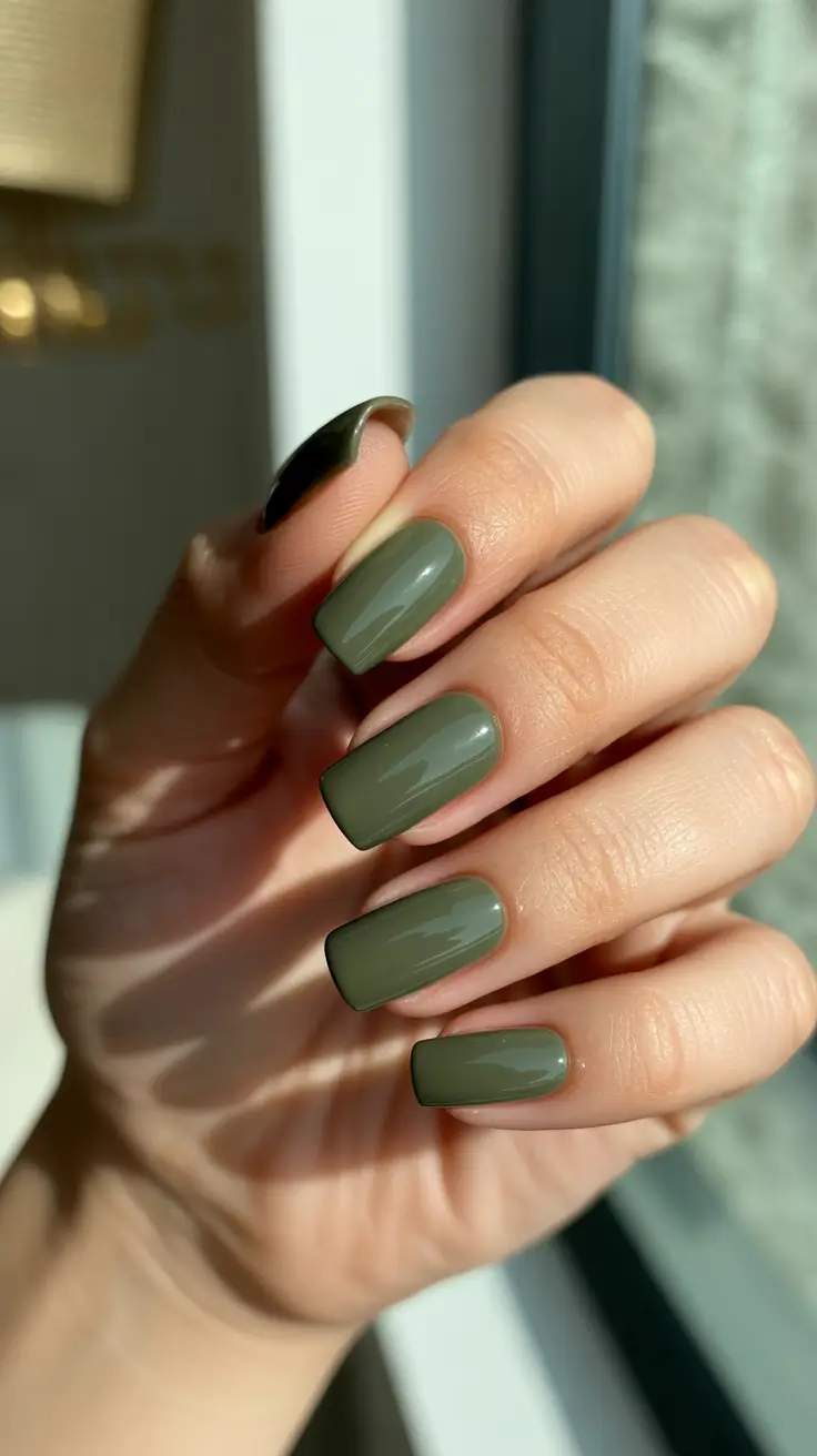 Trending Nail Colors 2026 Olive Khaki Square Nails