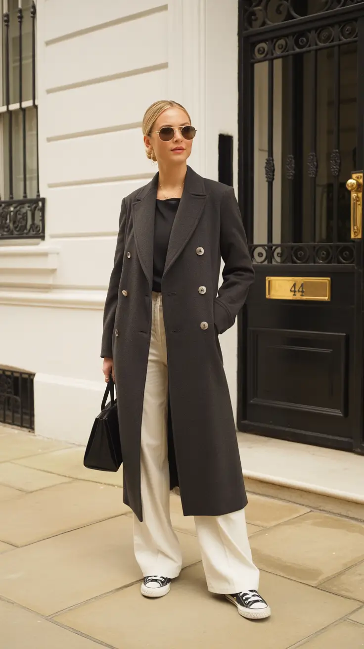 Chic New York outfits 2026 - Charcoal coat with ivory trousers and sneakers