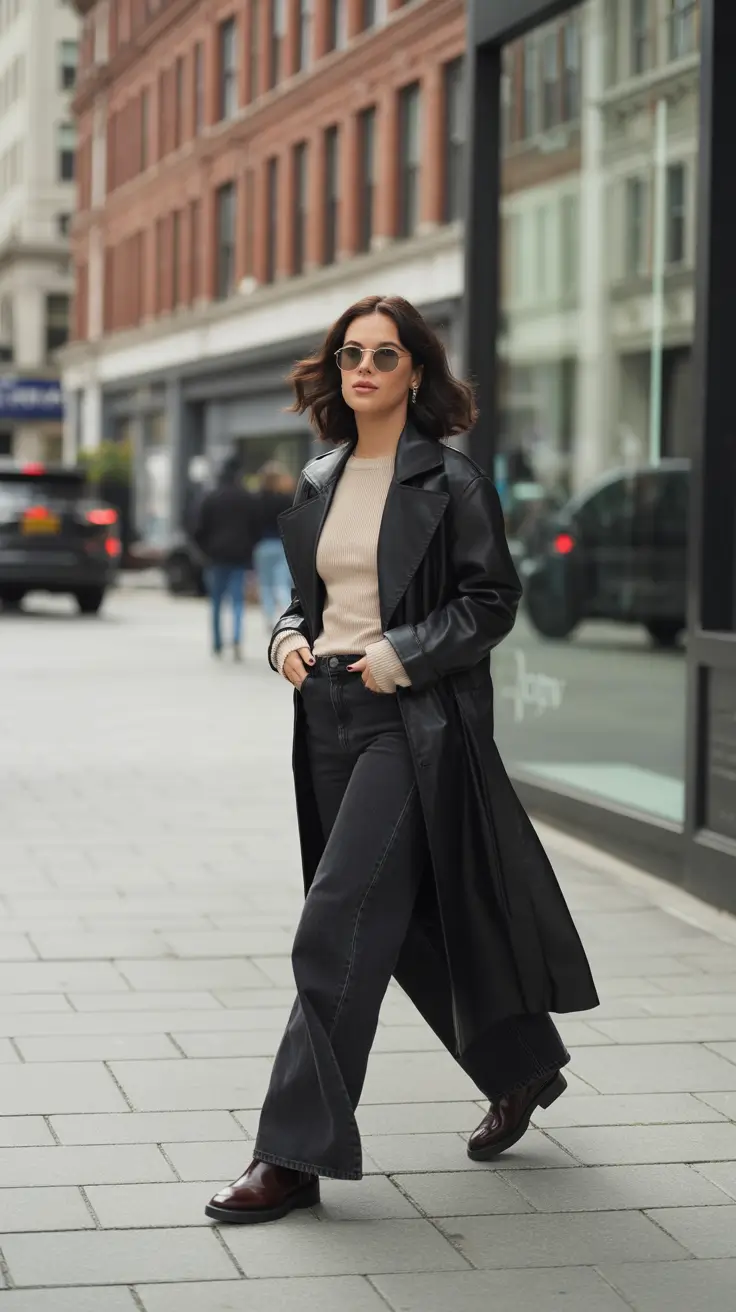 Chic New York outfits 2026 - Leather Trench, Oat Knit, Easy Stride