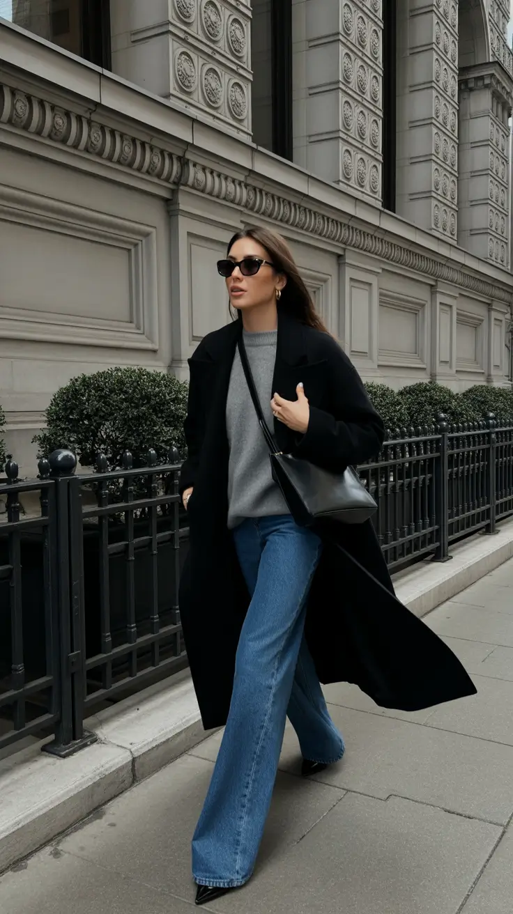 Chic New York outfits 2026 - Black Coat, Silver-Gray Knit, Long-Leg Denim