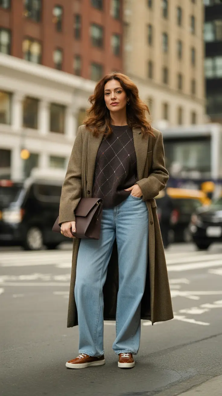 Chic New York outfits 2026 - Argyle and wide denim for downtown errands