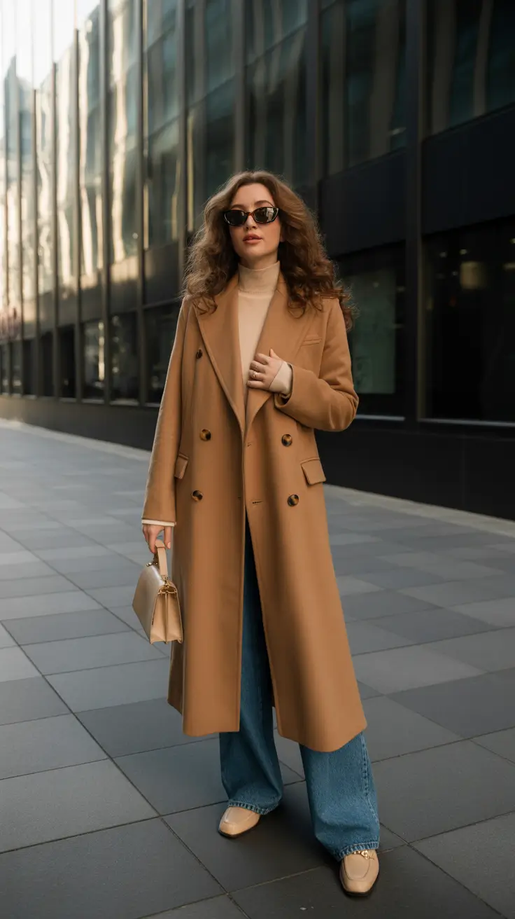 Chic New York outfits 2026 - Camel column with cream turtleneck calm