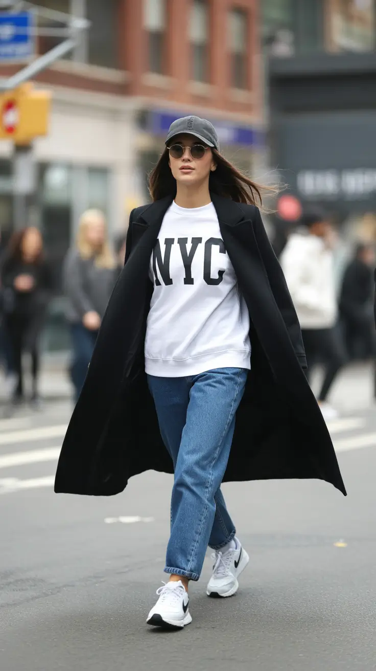 Chic New York outfits 2026 - Logo sweatshirt under a sweeping black coat