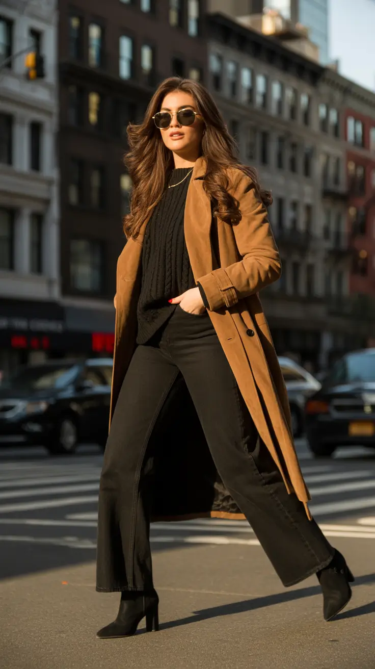 Chic New York outfits 2026 - Camel over black - sleek contrast for golden hour