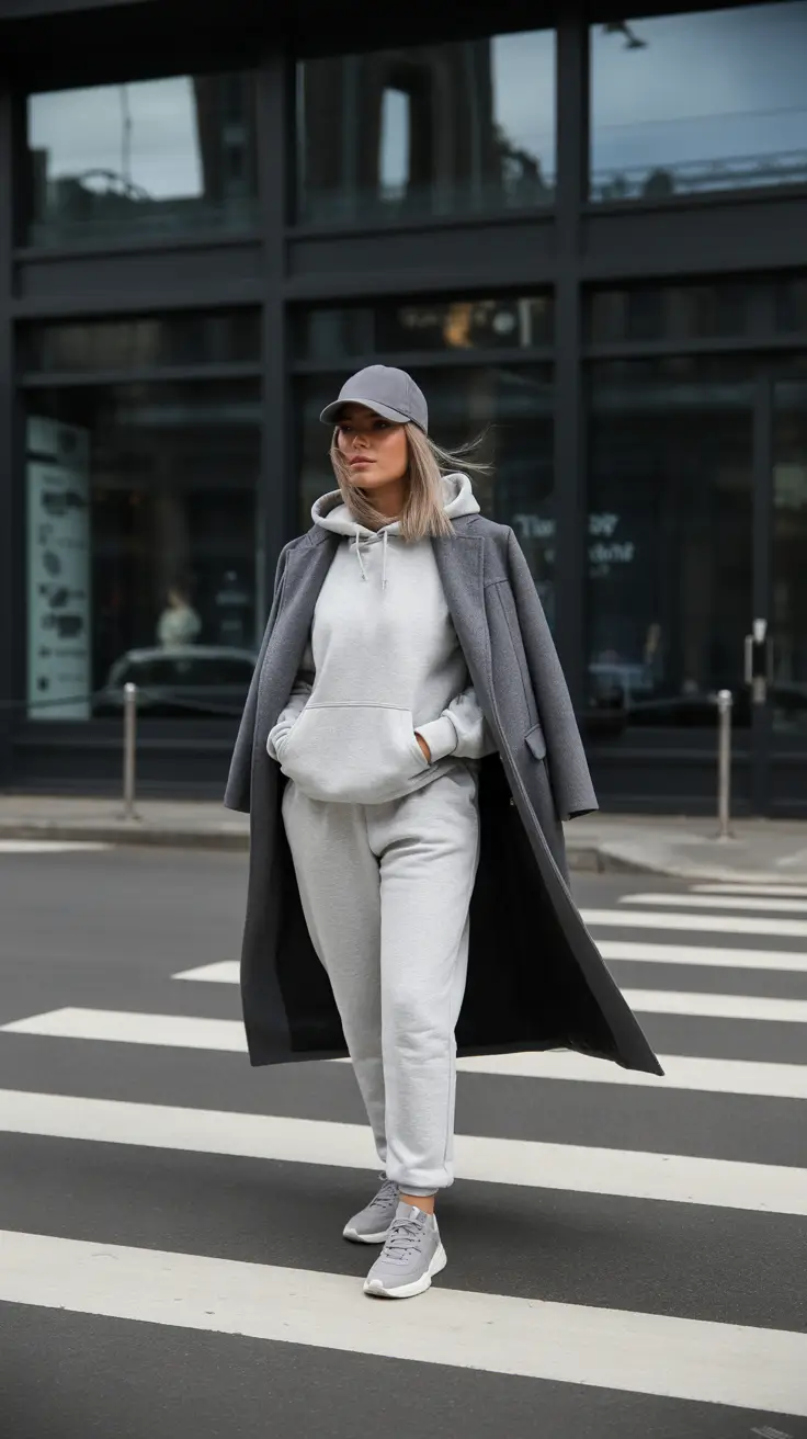Chic New York outfits 2026 - Monochrome athleisure with tailored outer layer