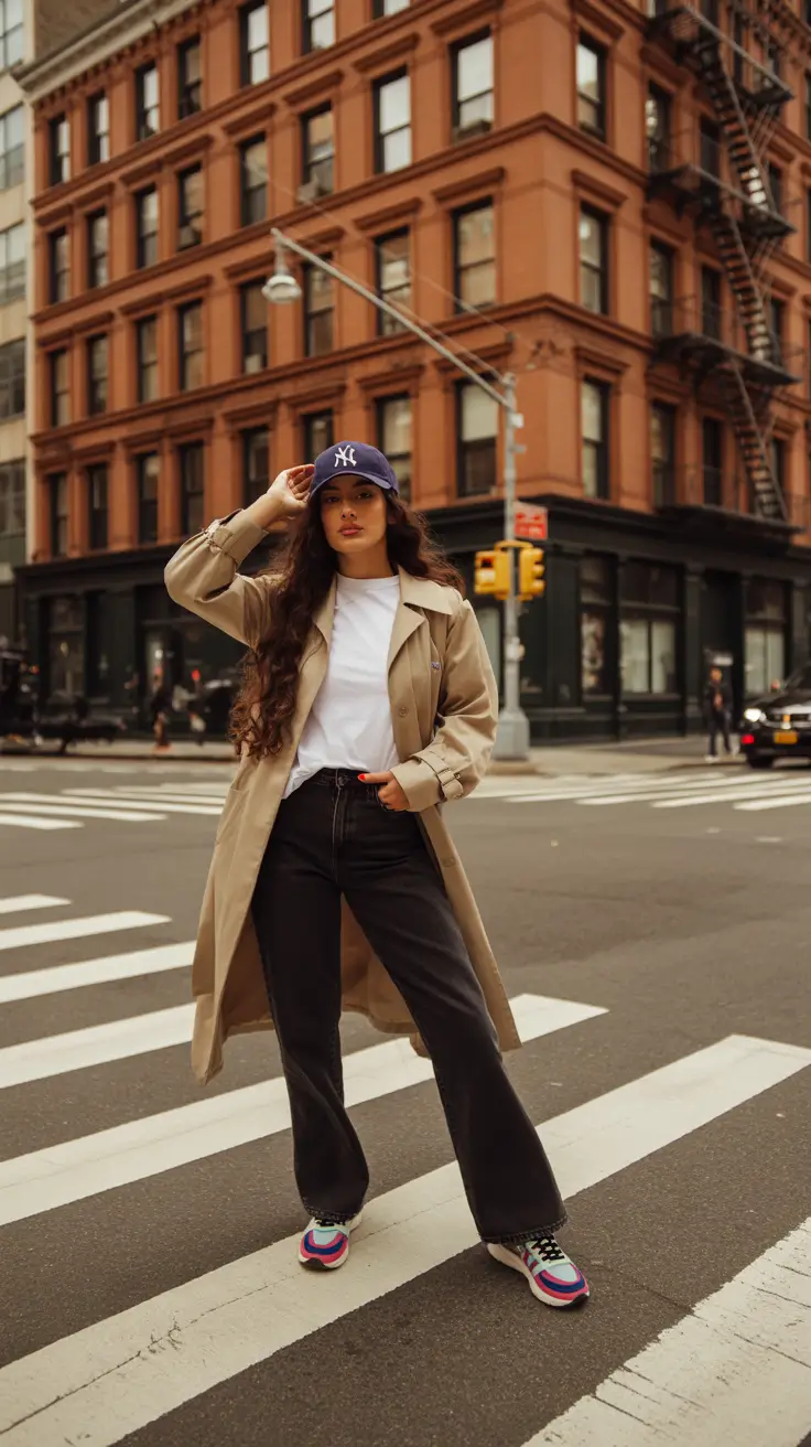 Chic New York outfits 2026 - Trench, tee, and a pop sneaker