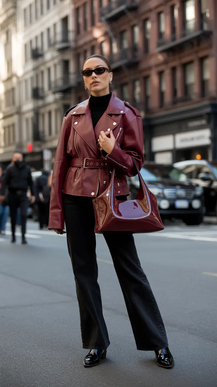 Chic New York outfits 2026 - Garnet Moto After-Dark