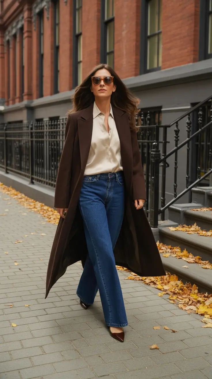 Chic New York outfits 2026 - Chocolate coat with satin ease