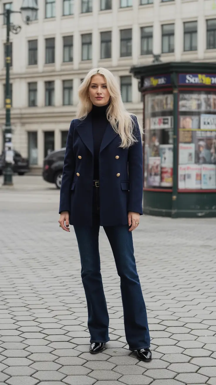 Chic New York outfits 2026 - Navy blazer and midnight turtleneck