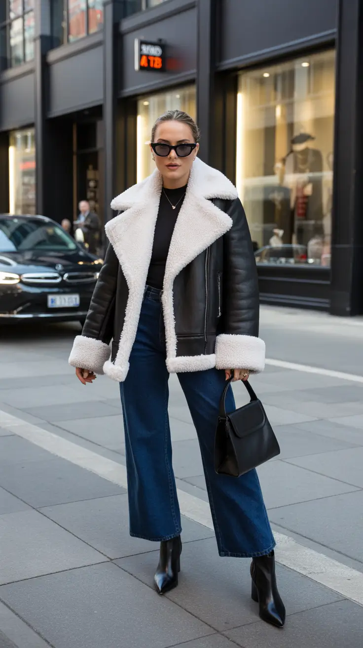 Chic New York outfits 2026 - Shearling collar, sharp city stride