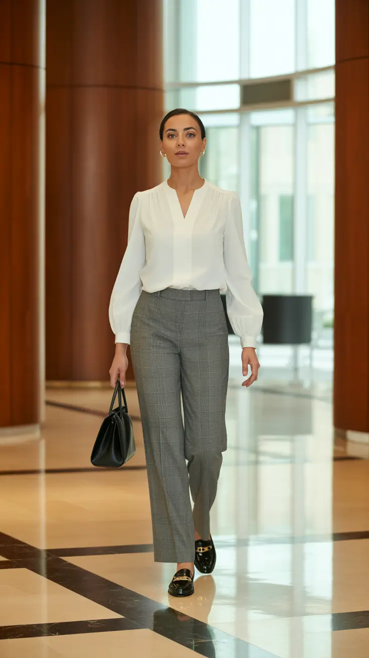 Office outfit ideas for work 2026 - Polished White Blouse With Glen Plaid Trousers