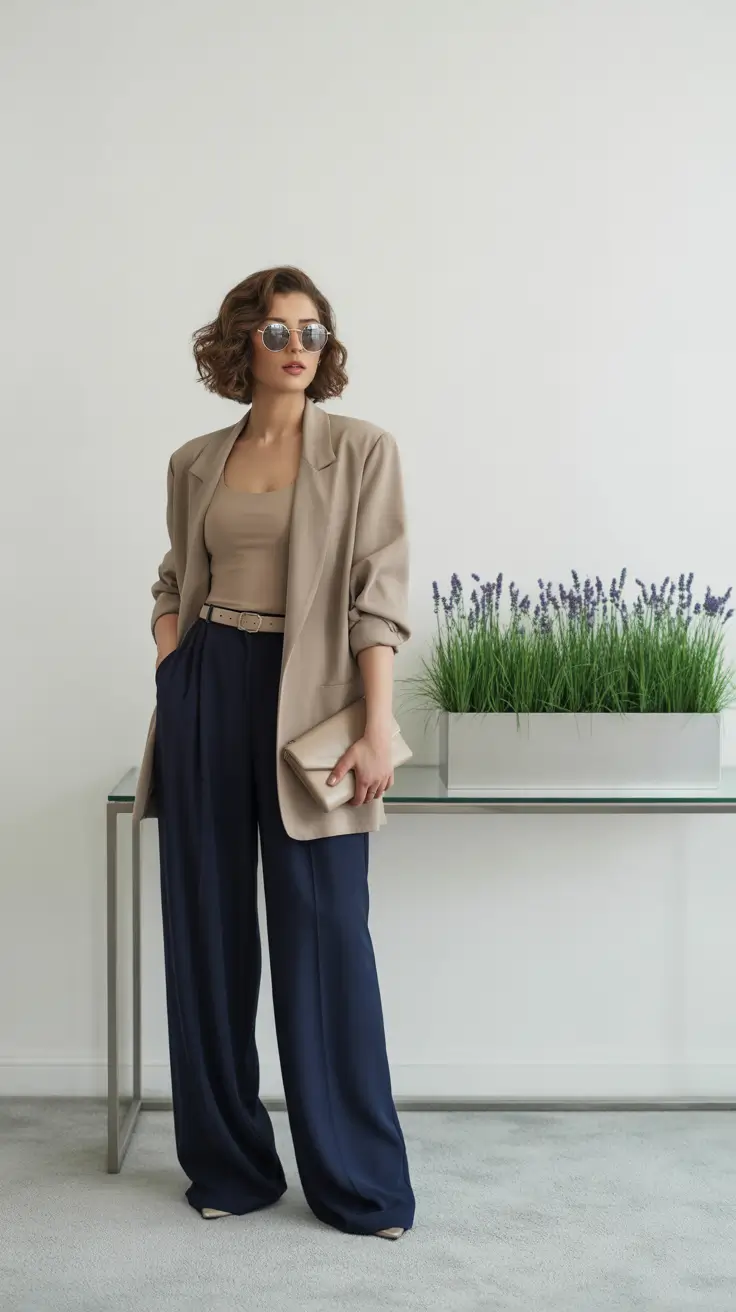 Office Outfit Ideas For Work 2026 - Taupe Blazer With Navy Wide-Leg Trousers