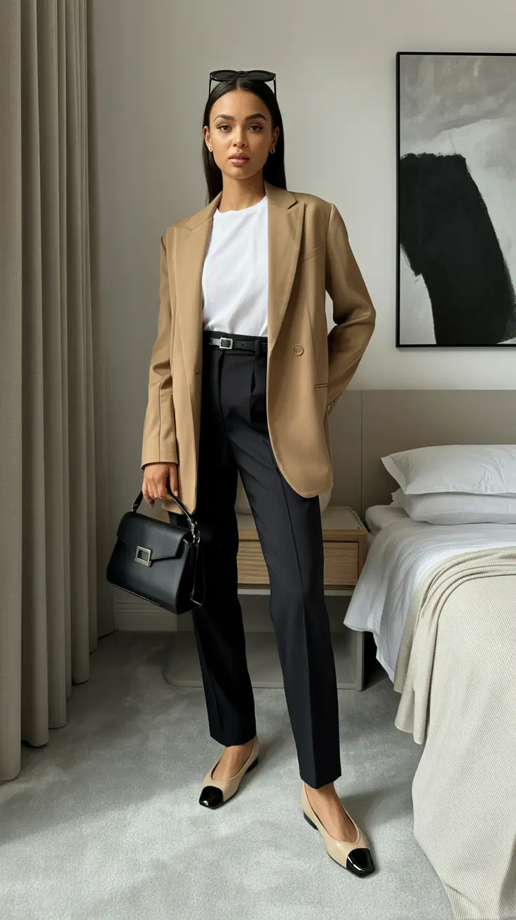 Office Outfit Ideas For Work 2026 - Camel Blazer And Cap-Toe Flats