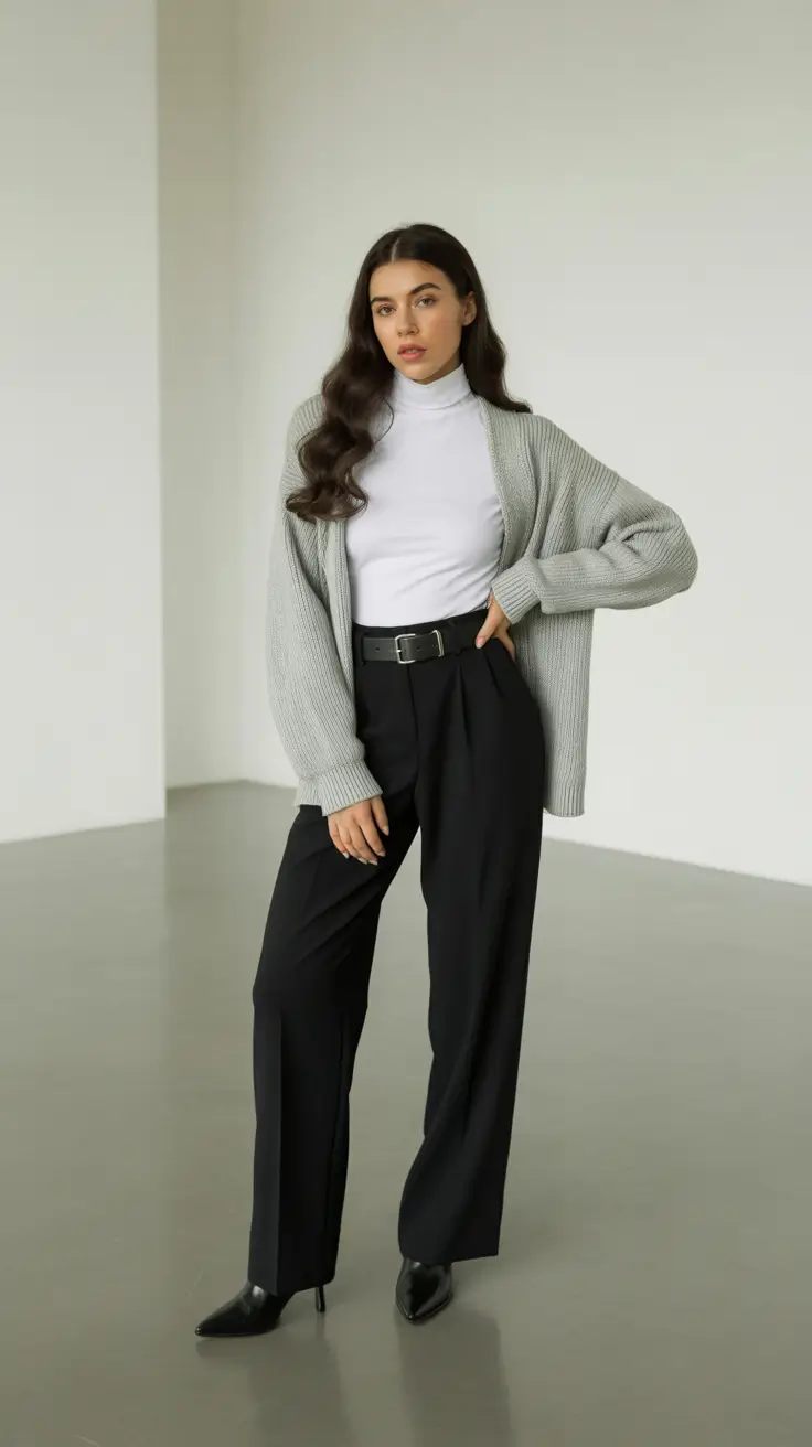Office Outfit Ideas For Work 2026 - Soft Gray Cardigan With White Turtleneck