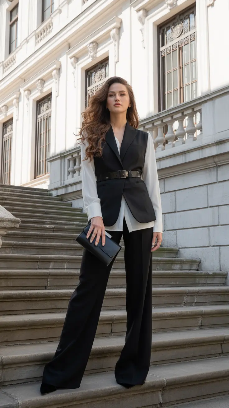Office outfit ideas for work 2026 - Belted Waistcoat Over Silk Shirt