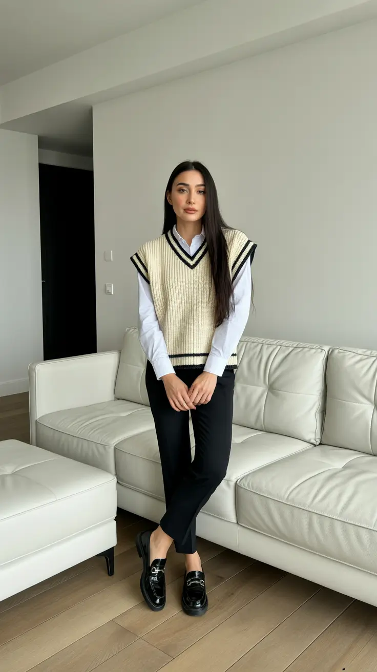 Office outfit ideas for work 2026 - Preppy Sweater Vest Layer With Slim Black Trousers