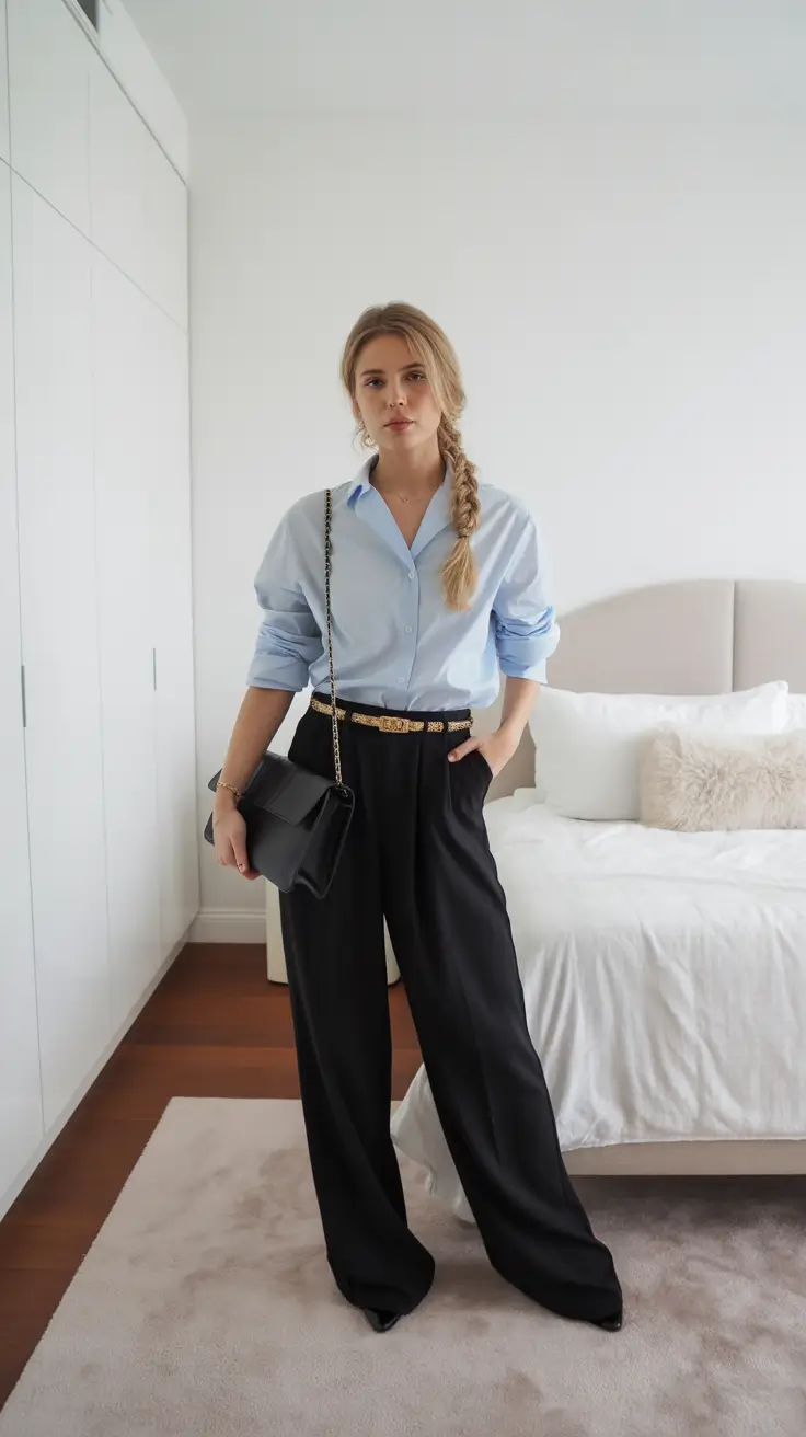Office outfit ideas for work 2026 - Blue Poplin Shirt With Statement Belt