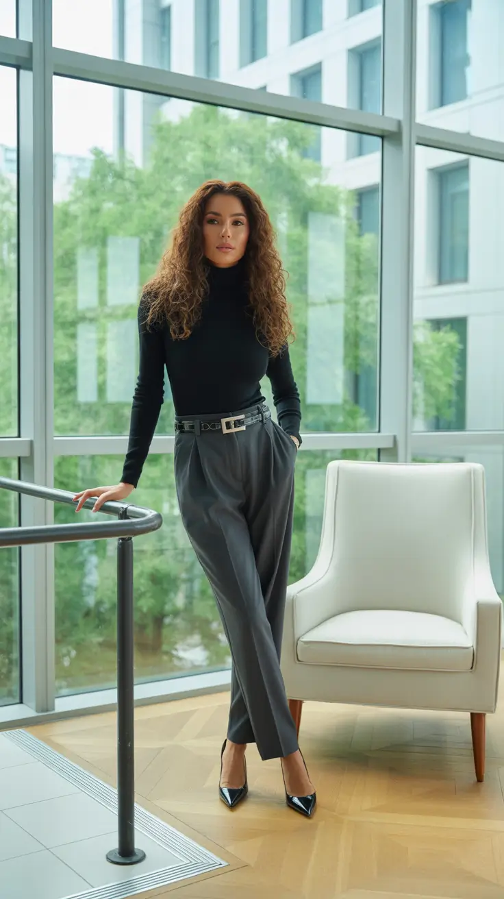 Office outfit ideas for work 2026 - Monochrome Turtleneck And Charcoal Trousers