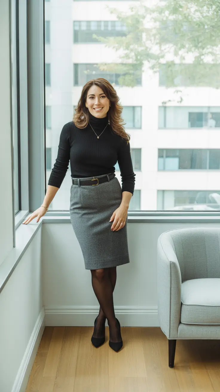 Office outfit ideas for work 2026 - Monochrome Turtleneck And Pencil Skirt Confidence