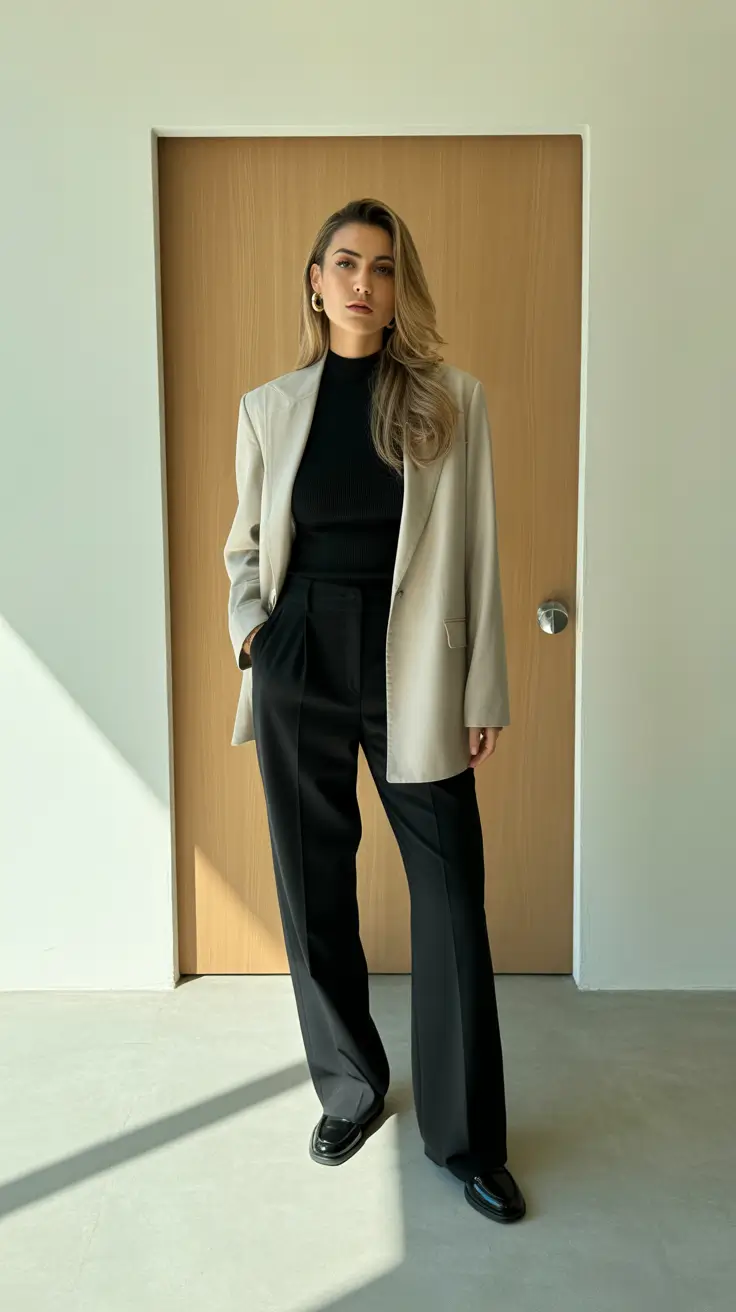 Office outfit ideas for work 2026 - Beige Blazer And Wide-Leg Tailored Trousers