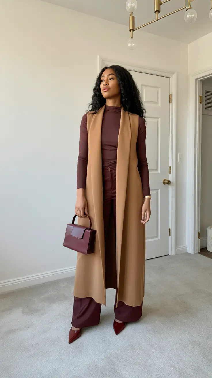 Outfits for Black Women in 2026 - Monochrome Merlot With A Camel Drape