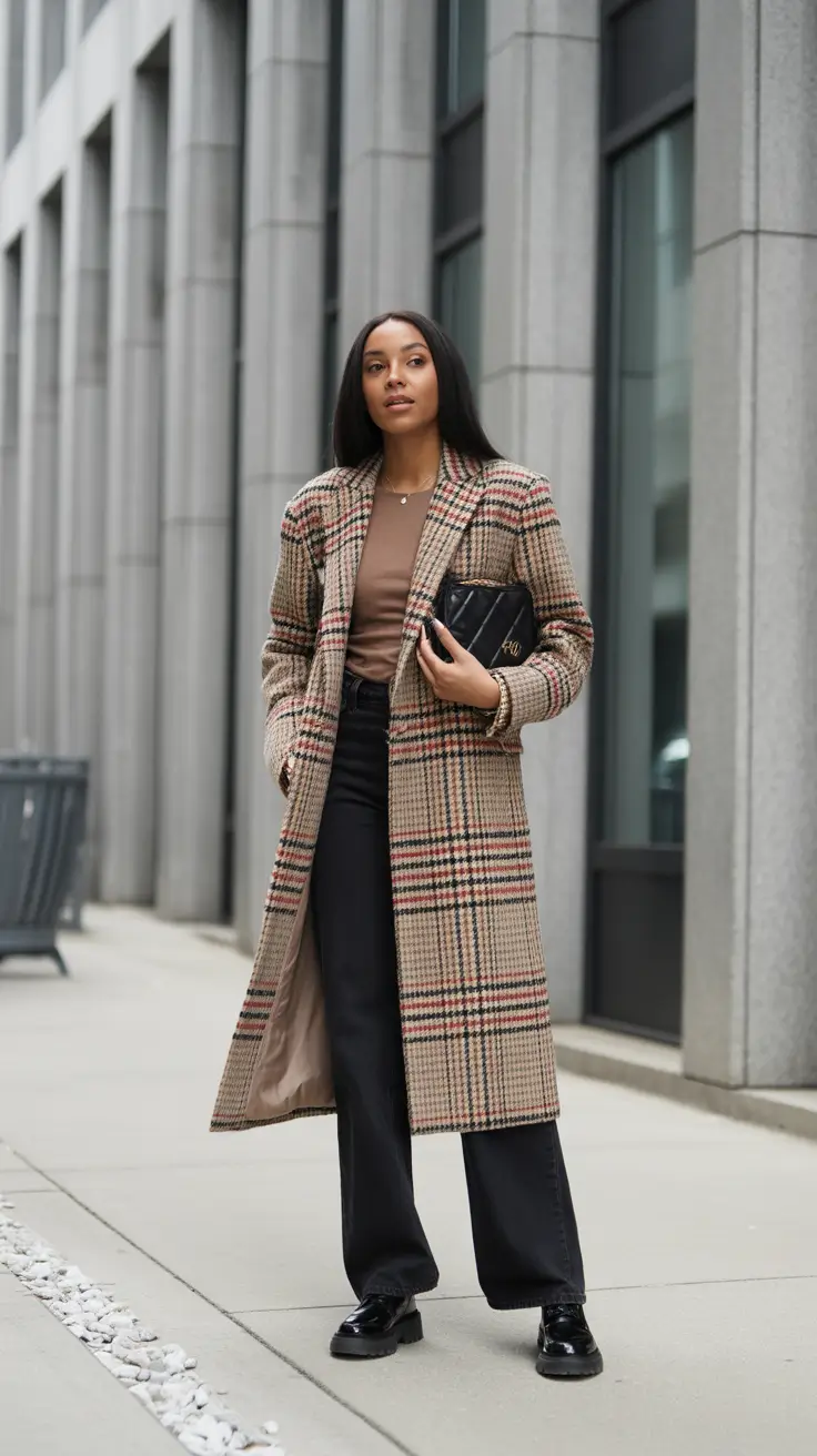 Outfits for Black Women in 2026 - Plaid Topcoat With Ink Denim And Loafers
