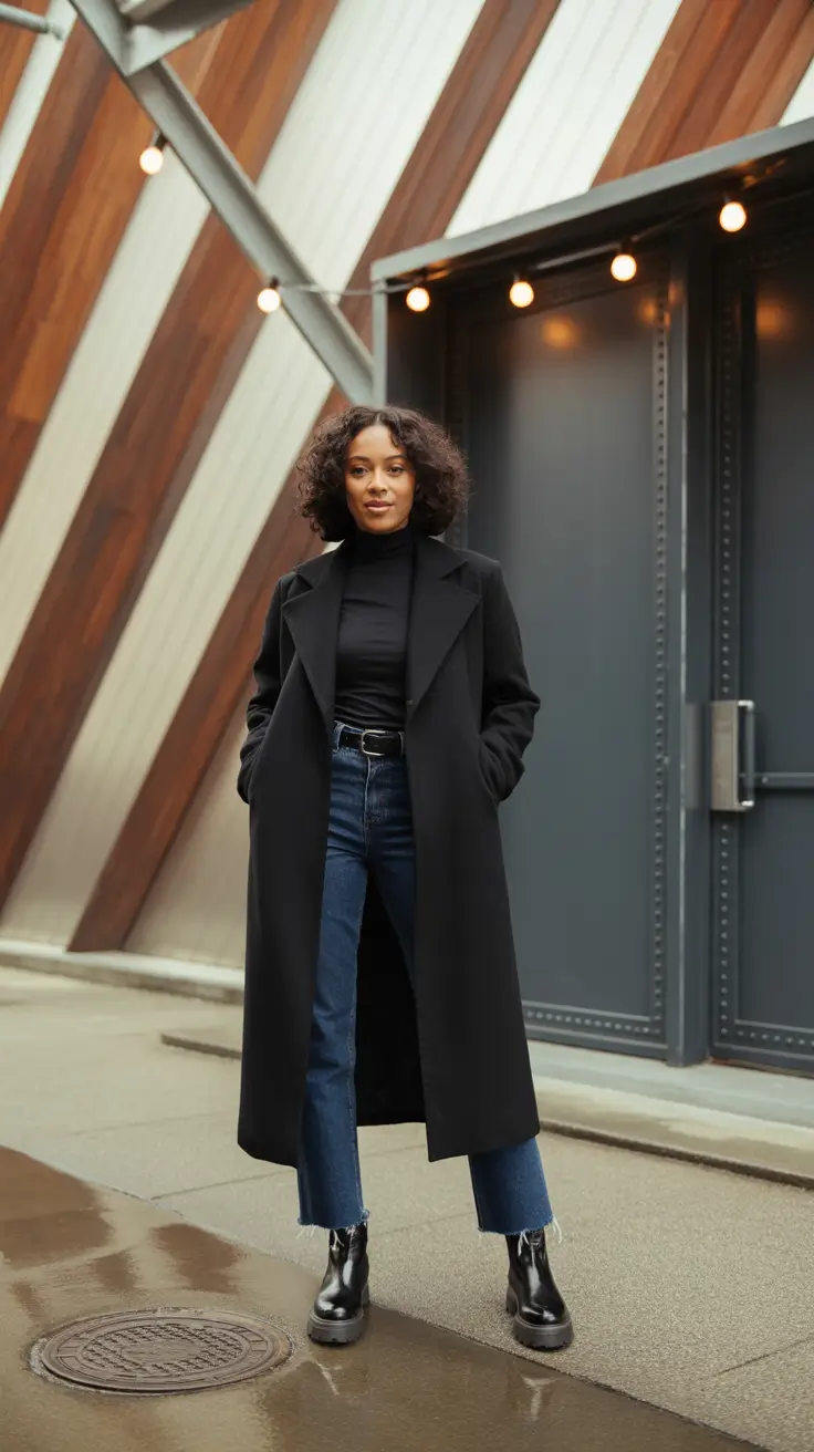 Outfits for Black Women in 2026 - Long Black Coat With Cropped Denim