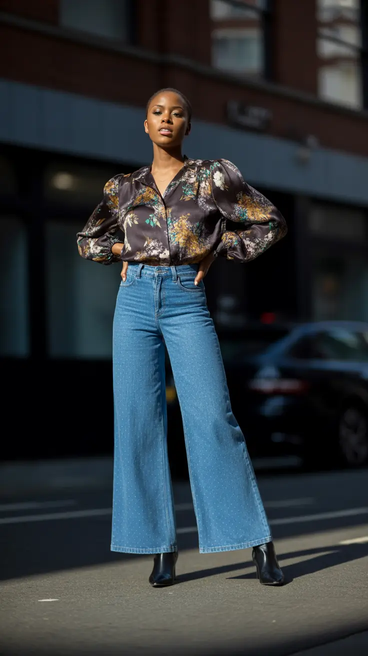Outfits for Black Women in 2026 - Statement Satin Blouse With Wide Denim