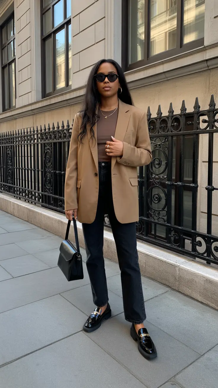 Outfits for Black Women in 2026 - Blazer, Dark Denim, City Loafers