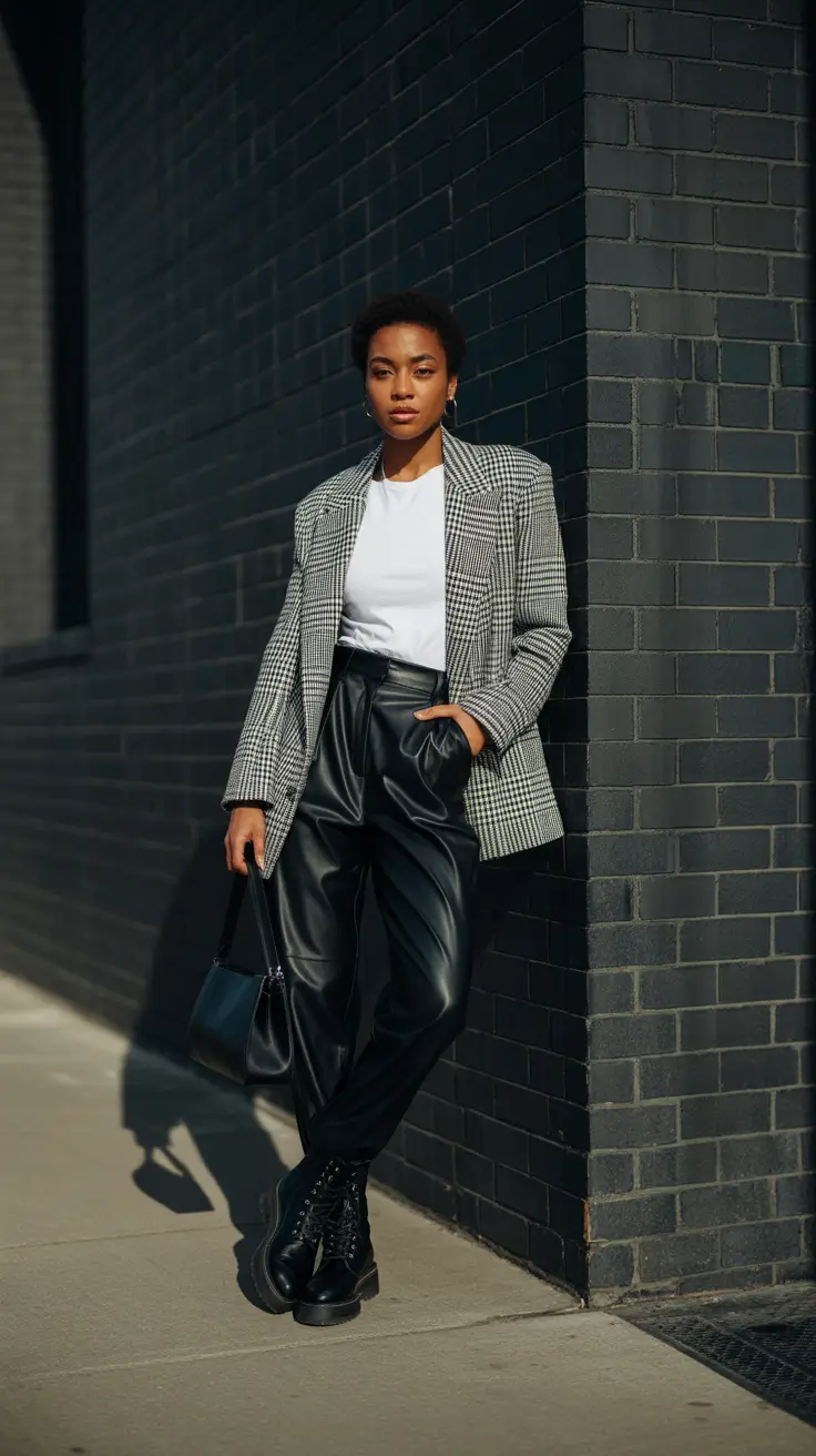 Outfits for Black Women in 2026 - Check Blazer With Leather Trousers