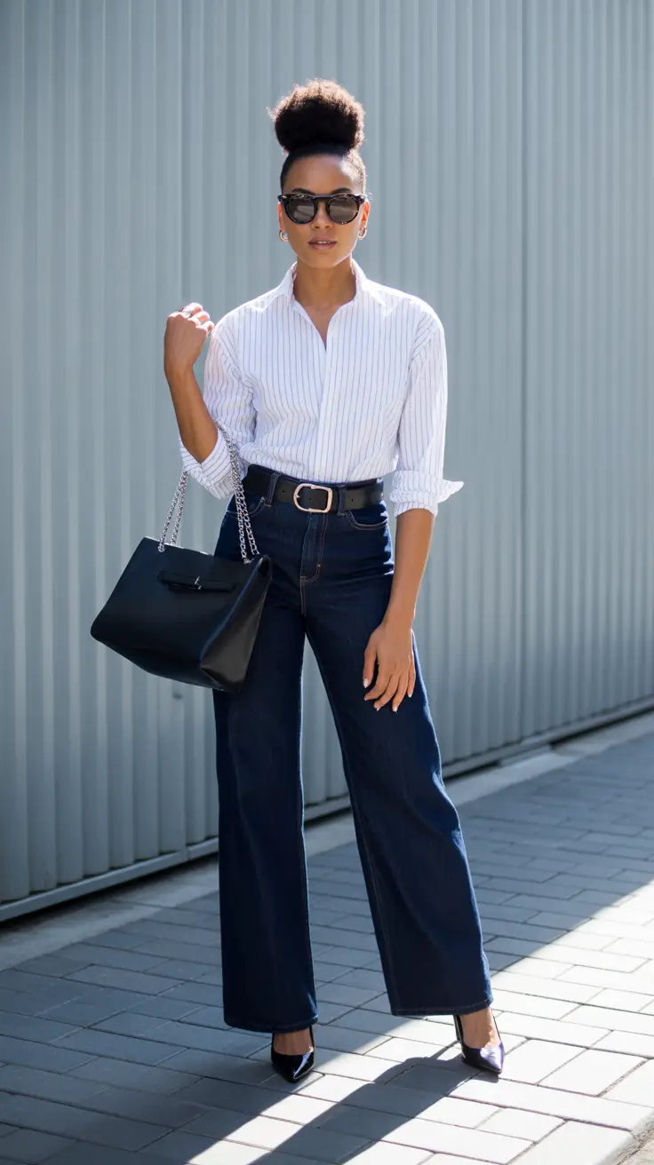 Outfits for Black Women in 2026 - Crisp Shirt And Dark-Wash Flares