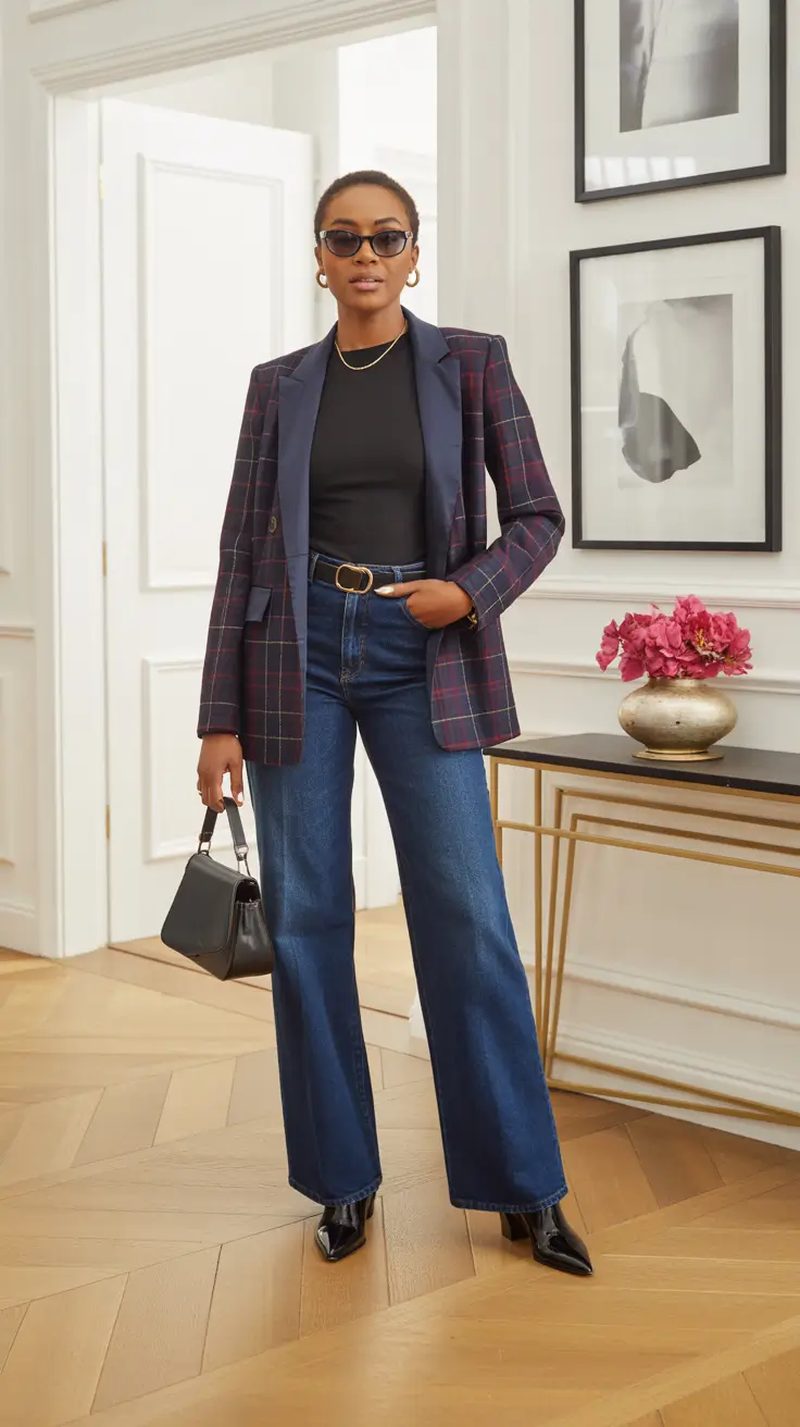 Outfits for Black Women in 2026 - Plaid Blazer Power Layer
