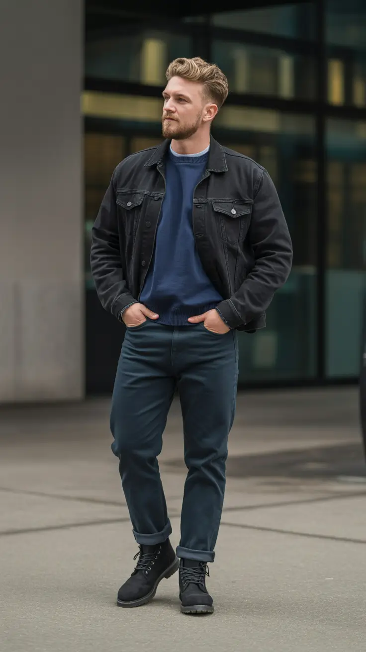Modern outfits for men 2026 - Navy Layers With Workwear Boots