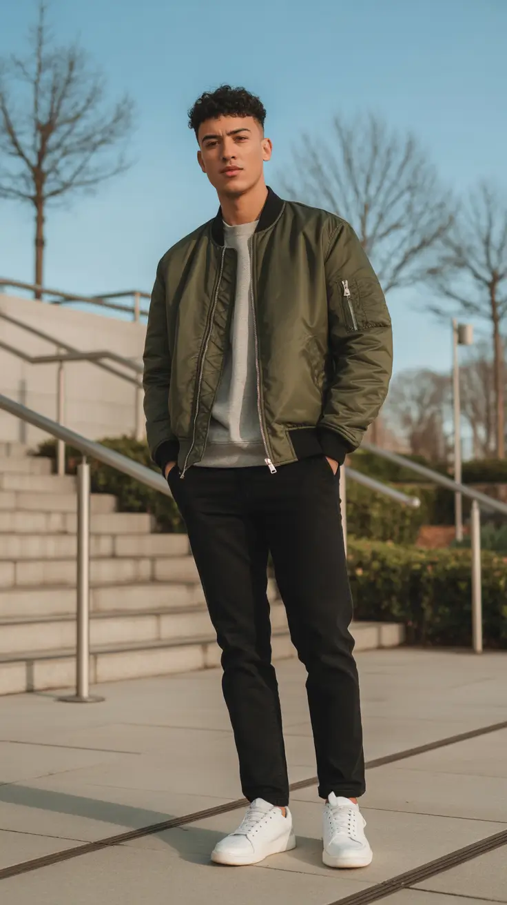 Modern outfits for men 2026 - Olive Bomber And Clean White Sneakers
