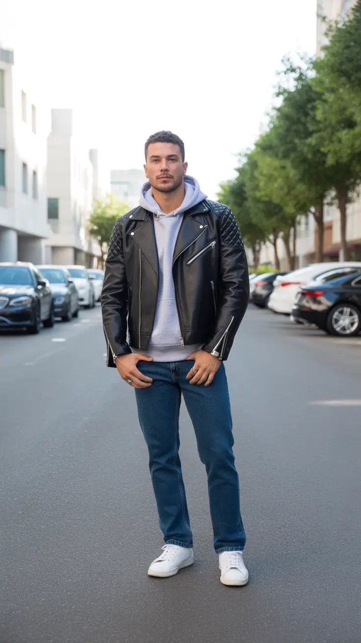 Modern outfits for men 2026 - Leather Biker Energy With Hoodie Ease