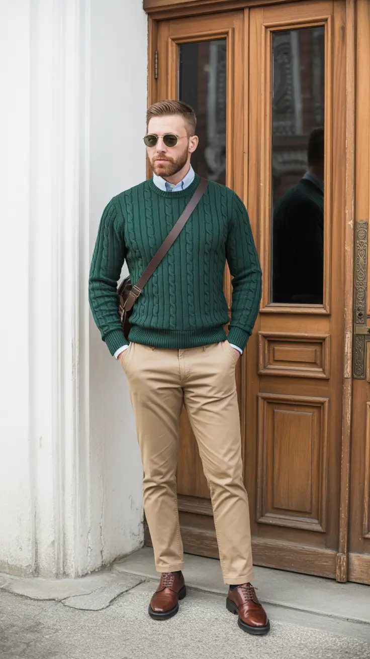 Modern outfits for men 2026 - Cable Knit Prep With Heritage Leather